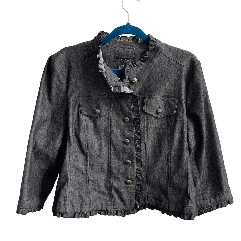 Sandro Petite‎ Denim Jacket Womens PL Gray Ruffle Trim Coquette Brass Button